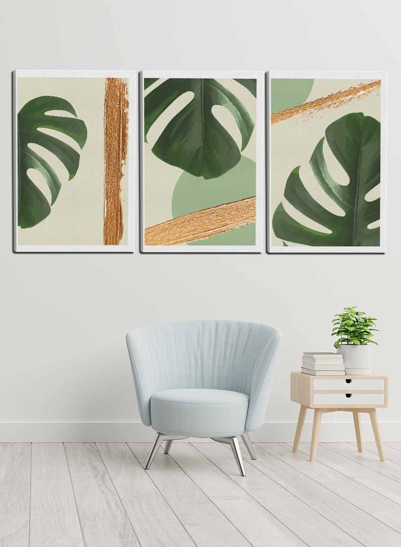 LOWHA Set Of 3 Framed Canvas Wall Arts Stretched Over Wooden Frame, Monstera Deliciosa Leaves Paintings, For Home, Living Room, Office Decor - Image 3