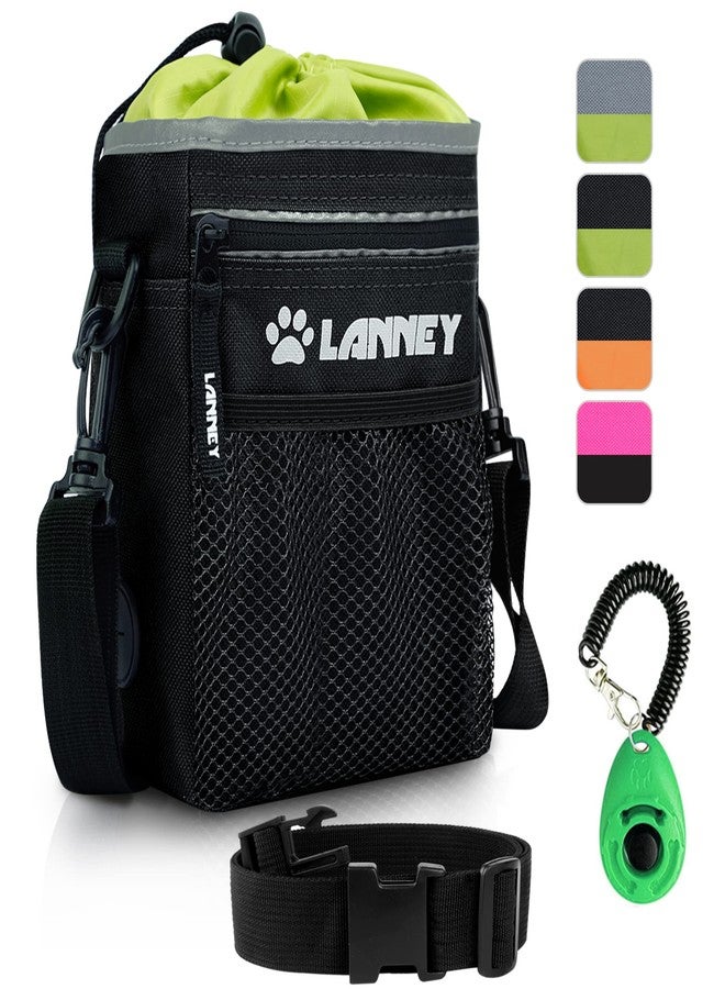 LANNEY Dog Treat Pouch Pet Training Bag for Small to Large Dogs, Treat Tote Carry Kibble Snacks Toys for Training Reward Walking, Metal Clip, Waist belt, Shoulder Strap, Poop Bag Dispenser, Black with Green - Image 1