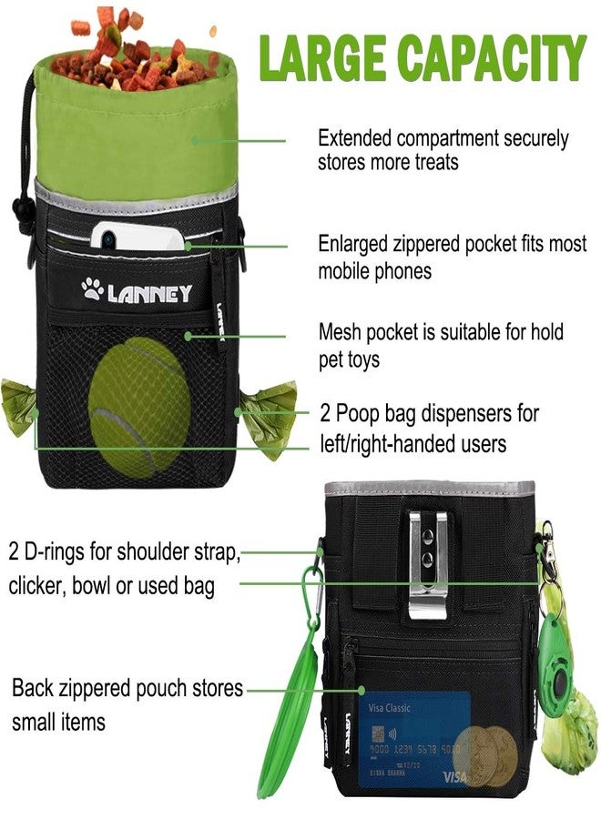 LANNEY Dog Treat Pouch Pet Training Bag for Small to Large Dogs, Treat Tote Carry Kibble Snacks Toys for Training Reward Walking, Metal Clip, Waist belt, Shoulder Strap, Poop Bag Dispenser, Black with Green - Image 4