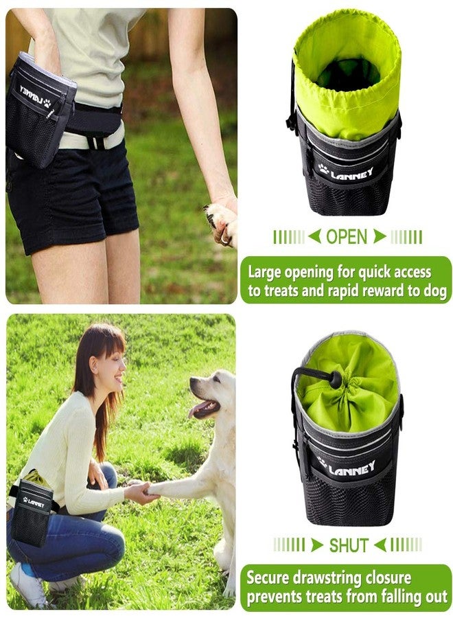 LANNEY Dog Treat Pouch Pet Training Bag for Small to Large Dogs, Treat Tote Carry Kibble Snacks Toys for Training Reward Walking, Metal Clip, Waist belt, Shoulder Strap, Poop Bag Dispenser, Black with Green - Image 3