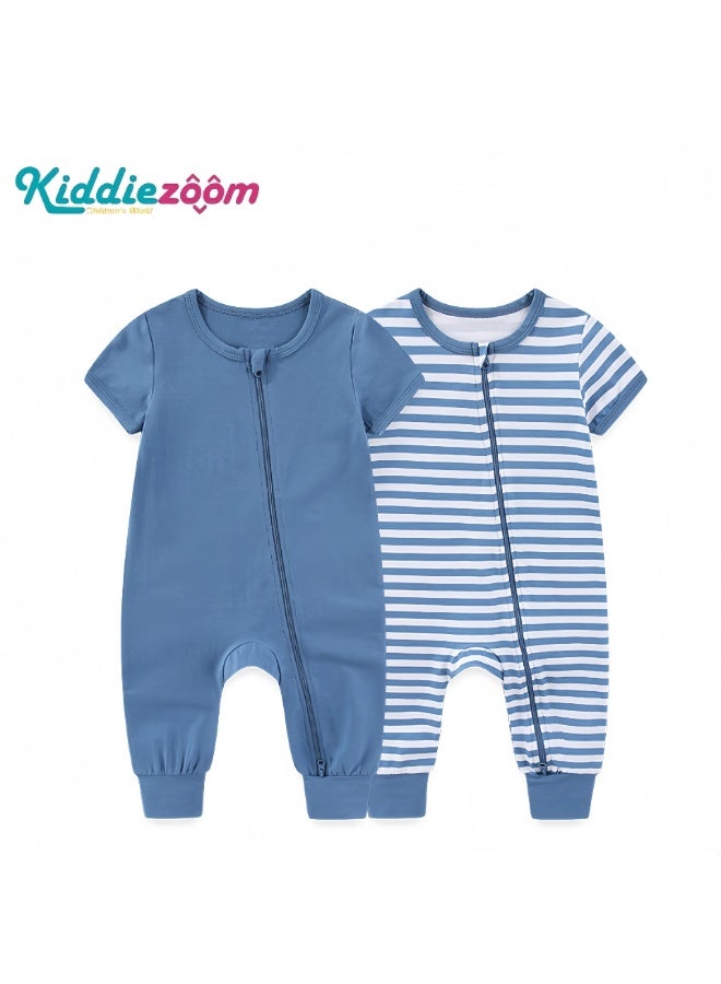 Kiddiezoom طقم من قطعتين من ملابس الأطفال الرضع بأكمام قصيرة وسحاب أمامي - بدلات قطنية ناعمة قطعة واحدة للأطفال حديثي الولادة والرضع، سهلة تغيير الحفاضات، مريحة وجيدة التهوية - Image 1
