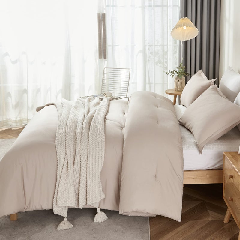 Litanika Khaki California King Comforter Set - 3 Pieces Cal King Lightweight Soft Solid Bed Comforter  Oversized All Season Down Alternative Bed Set (104x96In  2 Pillowcases) - Image 5
