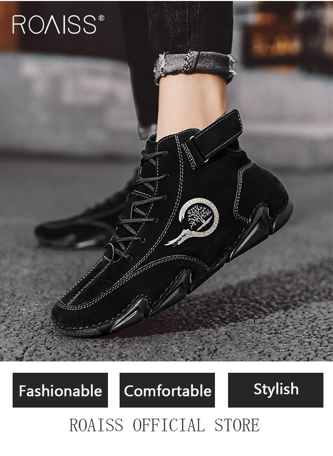 roaiss Men’s Soft Leather Ankle Casual Loafers Lace-Up Anti Slip Walking Shoes Men's Tooling Style Martin Boots Men Casual Mid Top Leather Boots  Men's Boots Ankle Lace Up Casual Boots  - Image 1