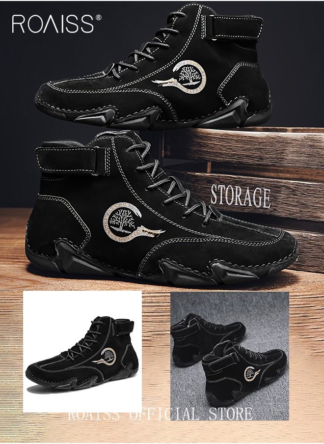 roaiss Men’s Soft Leather Ankle Casual Loafers Lace-Up Anti Slip Walking Shoes Men's Tooling Style Martin Boots Men Casual Mid Top Leather Boots  Men's Boots Ankle Lace Up Casual Boots  - Image 5