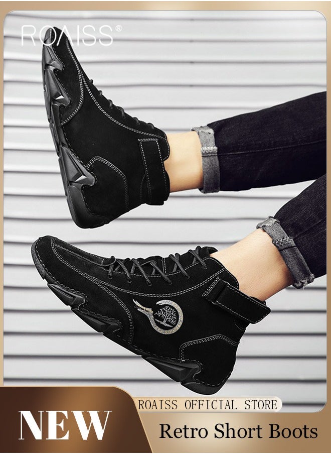 roaiss Men’s Soft Leather Ankle Casual Loafers Lace-Up Anti Slip Walking Shoes Men's Tooling Style Martin Boots Men Casual Mid Top Leather Boots  Men's Boots Ankle Lace Up Casual Boots  - Image 2