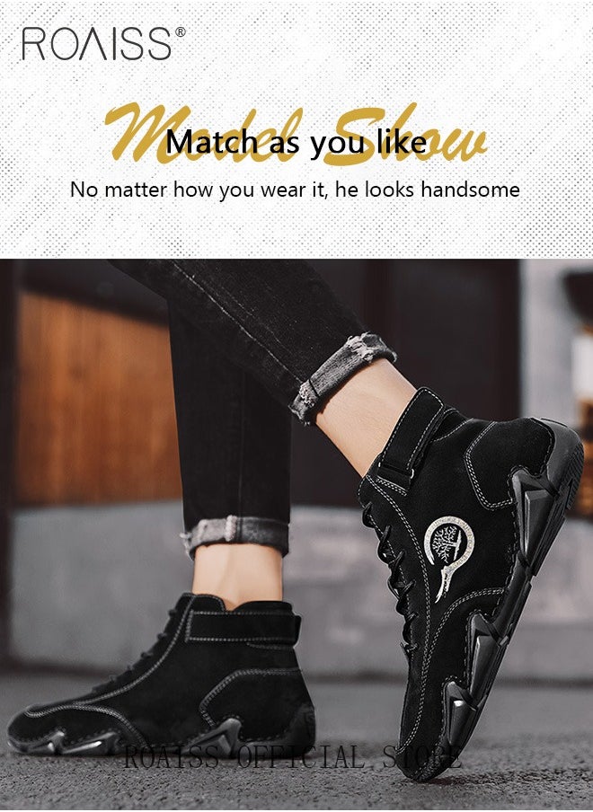 roaiss Men’s Soft Leather Ankle Casual Loafers Lace-Up Anti Slip Walking Shoes Men's Tooling Style Martin Boots Men Casual Mid Top Leather Boots  Men's Boots Ankle Lace Up Casual Boots  - Image 3