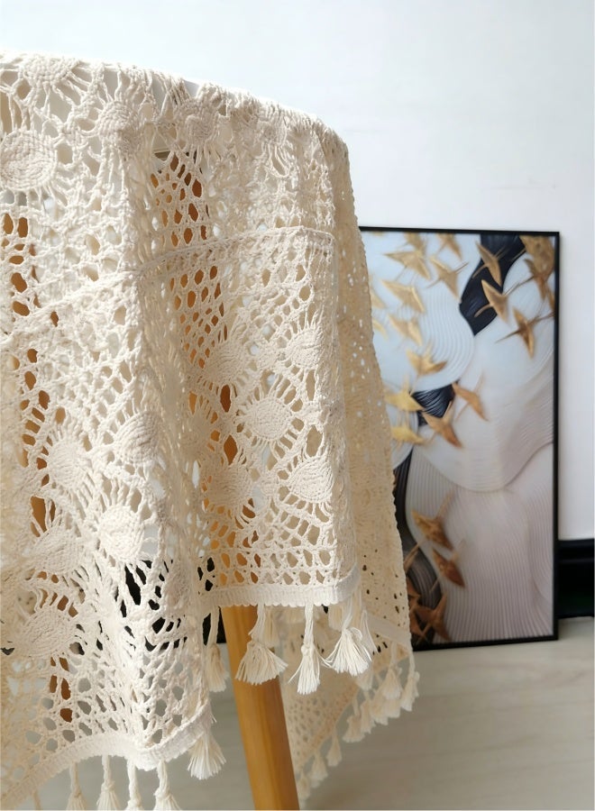 Vintage Crochet Tablecloths Lace Doilies Cotton Beige Square Tablecloths Table Cover Table Topper Wedding Home Party Decoration,55x71 Inch. - Image 2