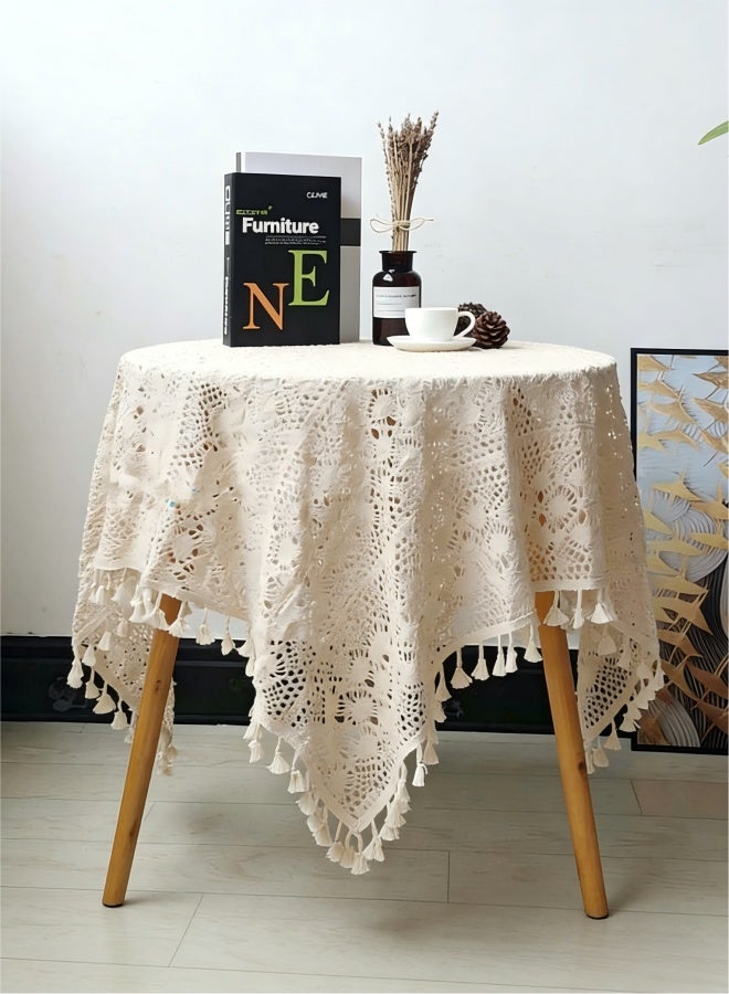 Vintage Crochet Tablecloths Lace Doilies Cotton Beige Square Tablecloths Table Cover Table Topper Wedding Home Party Decoration,55x71 Inch. - Image 1