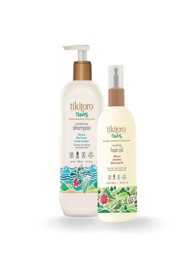 Tikitoro Teens Haircare Combo Nourishing Hair Oil & Conditioning Shampoo, 100% Vegan Promotes Hair Growth, Conditions Hair & Scalp, No Paraben & Sulphate (150 ml x 1 & 300 ml x 1) - Image 1