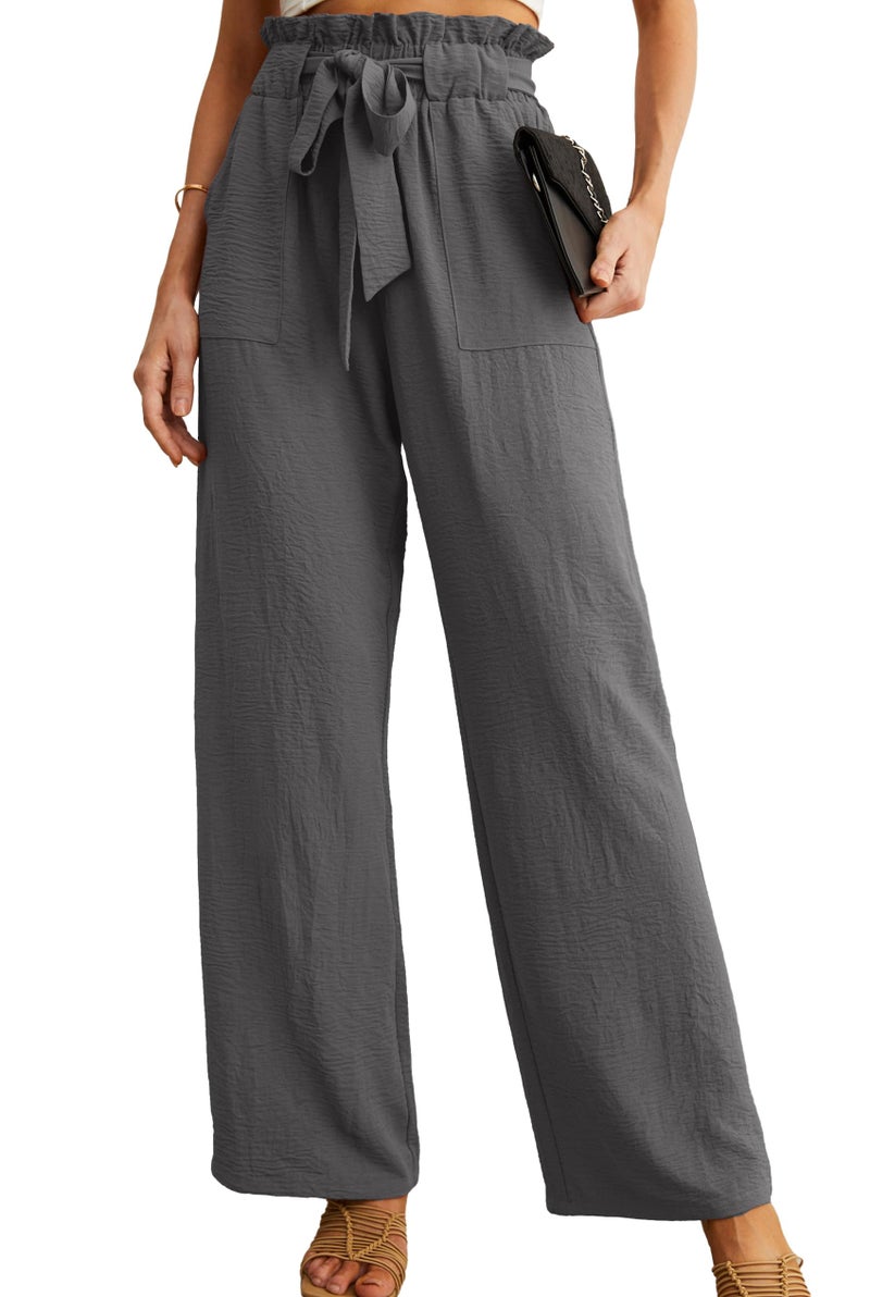 IWOLLENCE Women's Wide Leg Pants with Pockets High Waist Adjustable Knot Loose Casual Trousers Business Work Casual Pants Smoky Gray X-Large - Image 1