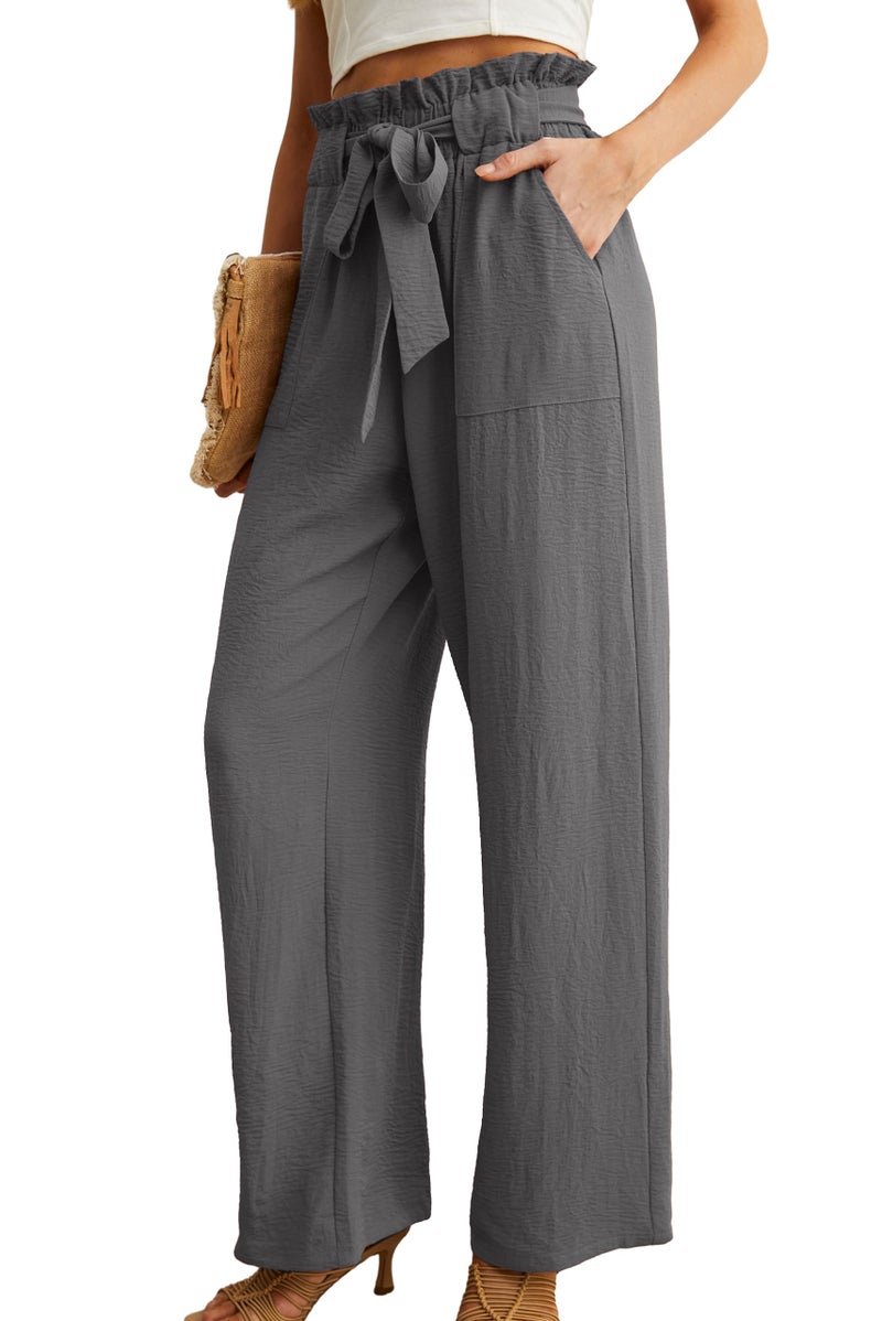 IWOLLENCE Women's Wide Leg Pants with Pockets High Waist Adjustable Knot Loose Casual Trousers Business Work Casual Pants Smoky Gray X-Large - Image 2