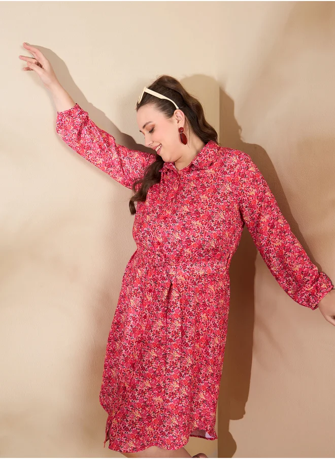 ساسافراس Plus Size Floral Print Knee Length Shirt Dress