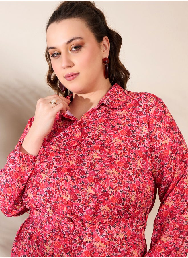 SASSAFRAS Plus Size Floral Print Knee Length Shirt Dress  - Image 4