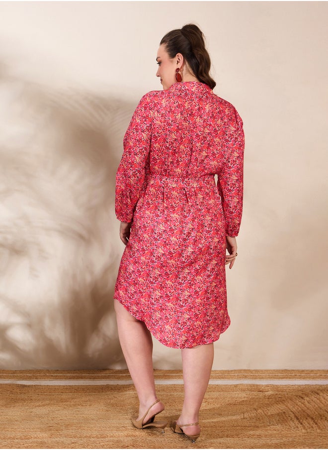 SASSAFRAS Plus Size Floral Print Knee Length Shirt Dress  - Image 5