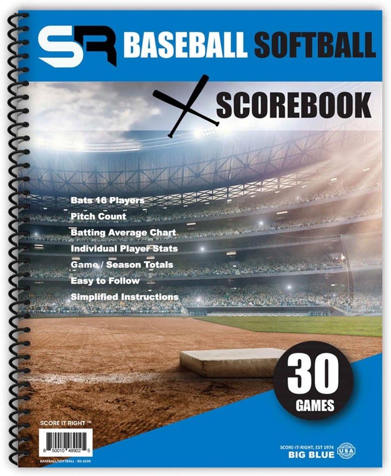 Score It Right Big Blue Baseball/Softball Scorebook – Premium Score Keeping Book – 16 Player - 30 Game Scorebook with Pitch Count, Individual Player Stats, Batting Average Chart - Image 1