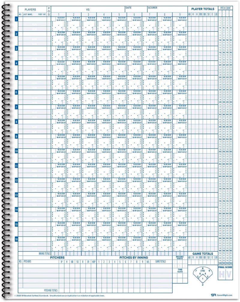 Score It Right Big Blue Baseball/Softball Scorebook – Premium Score Keeping Book – 16 Player - 30 Game Scorebook with Pitch Count, Individual Player Stats, Batting Average Chart - Image 3