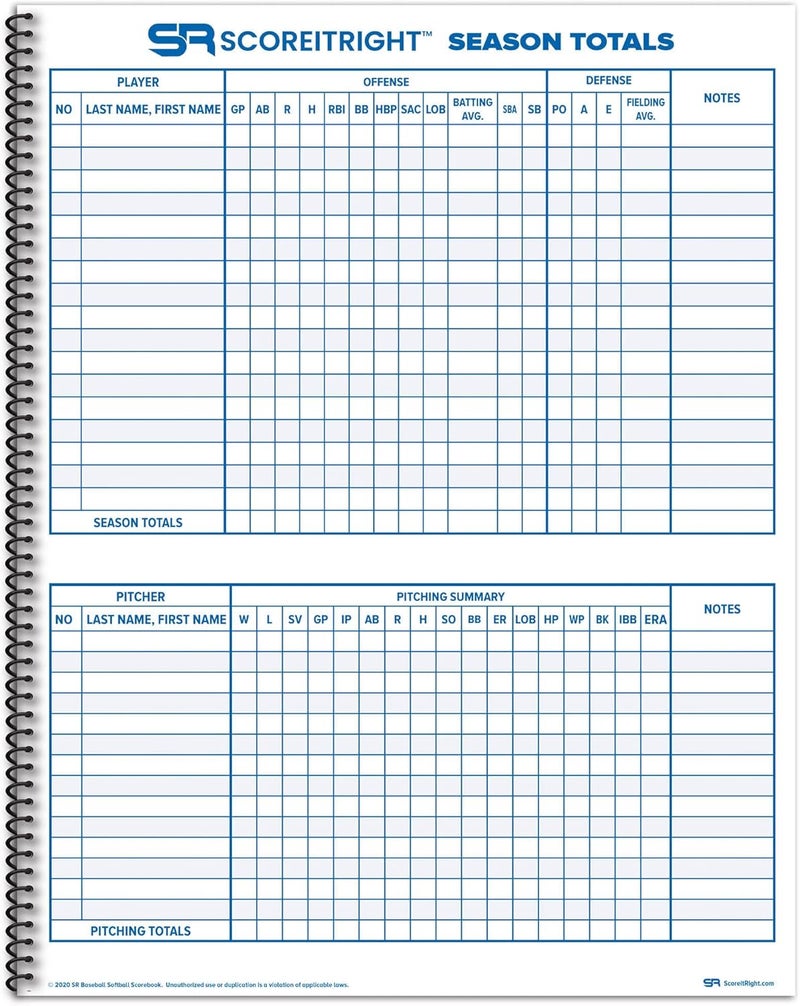Score It Right Big Blue Baseball/Softball Scorebook – Premium Score Keeping Book – 16 Player - 30 Game Scorebook with Pitch Count, Individual Player Stats, Batting Average Chart - Image 5