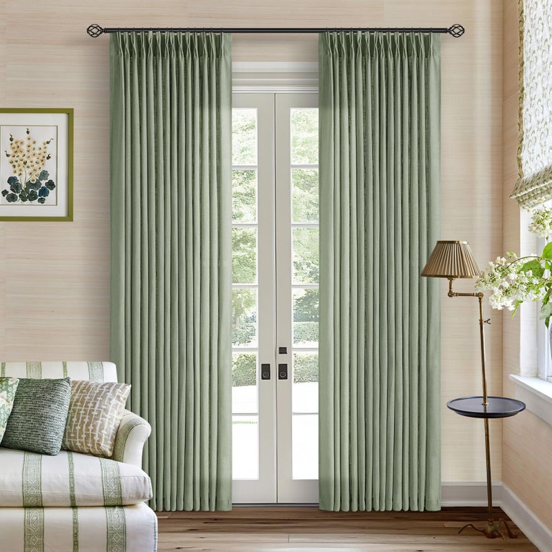 TWODRAPES Sage Green Linen Curtains Pinch Pleated 84 Inches Long for Living Room Bedroom Pleat with Rings Back Tab Semi Sheer Curtains 84 Inch Length 2 Panels Set Light Filtering Farmhouse Drapes Light Green - Image 1