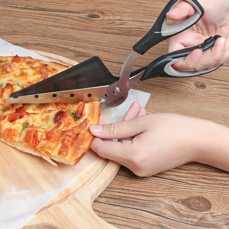 Asdirne Pizza Scissors, Pizza Cutter with Shovel, Food-Grade Sharp Stainless Steel Blade and Soft Grip Handle, Multifunctional Kitchen Scissors, 27cm, Black/Grey - Image 2