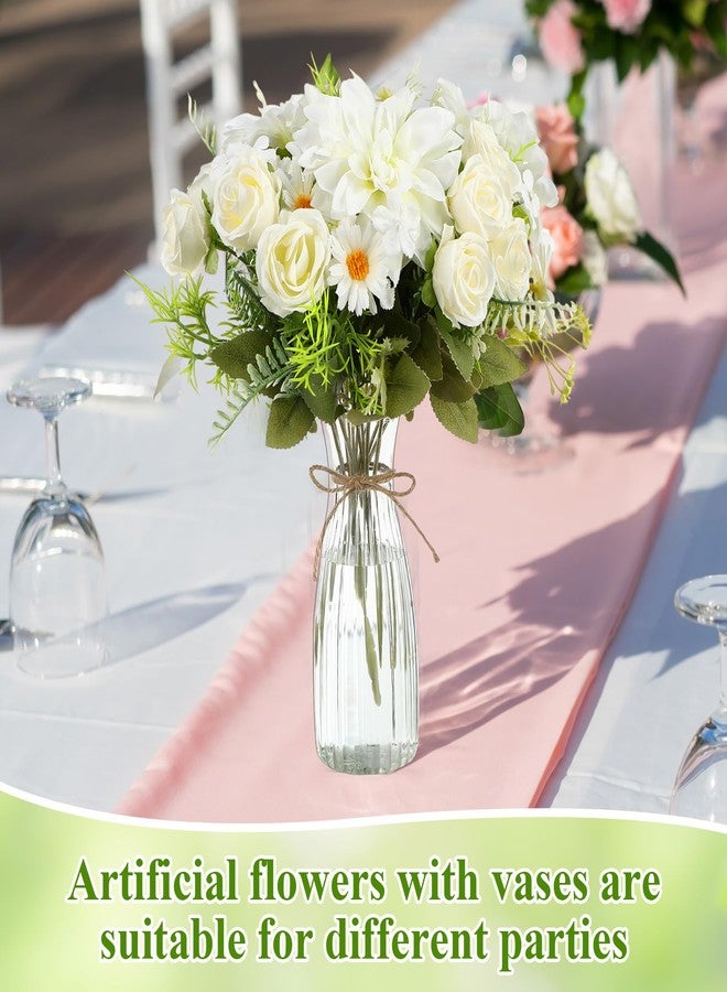 Reallnaive 20 Pack Artificial Flowers with Vase Bulk, 10 Bundles Silk Flower Artificial Bouquet 10 Clear Flower Vase with 1 Pcs Rope, Table Centerpiece Arrangement Decoration Wedding Party (White) - Image 4