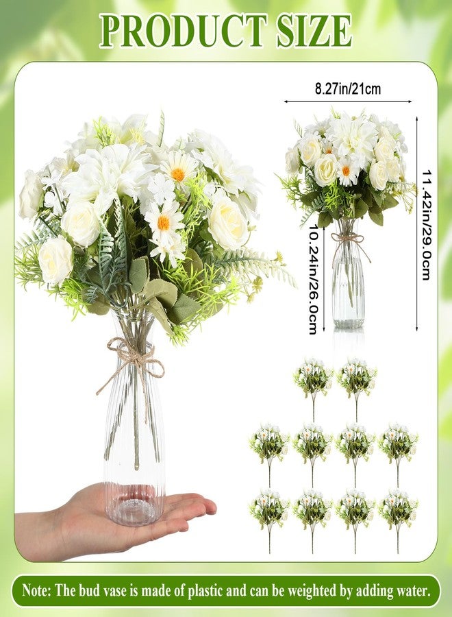 Reallnaive 20 Pack Artificial Flowers with Vase Bulk, 10 Bundles Silk Flower Artificial Bouquet 10 Clear Flower Vase with 1 Pcs Rope, Table Centerpiece Arrangement Decoration Wedding Party (White) - Image 3