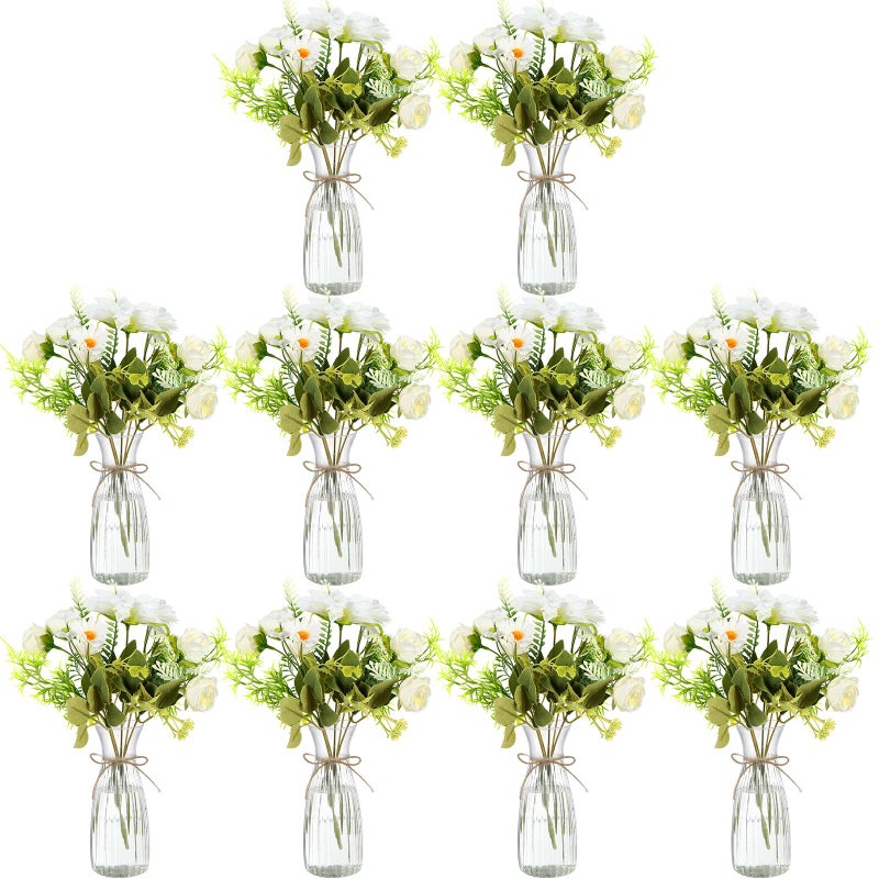 Reallnaive 20 Pack Artificial Flowers with Vase Bulk, 10 Bundles Silk Flower Artificial Bouquet 10 Clear Flower Vase with 1 Pcs Rope, Table Centerpiece Arrangement Decoration Wedding Party (White) - Image 1