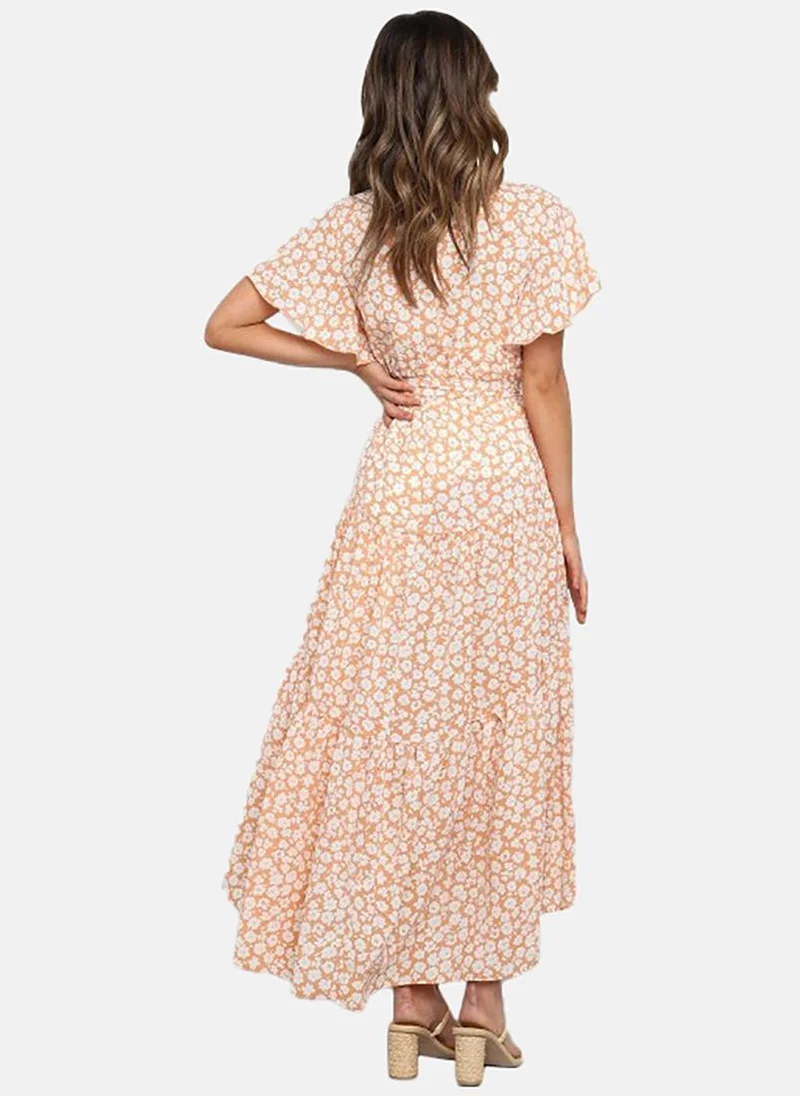 يونيكي Orange Floral Print Flared Sleeve Tie Up Fit & Flare Midi Dress