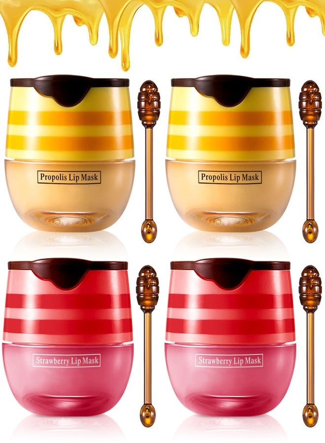 FYEBOO 4PCS Strawberry & Honey Lip Balm, Vitamin E Moisturizing Propolis Sleeping Lip Mask, Effective Reduces Lip Lines Prevention Dry and Cracked Lip Scrubs Exfoliator Smoothing Dry Lip Care - Image 1