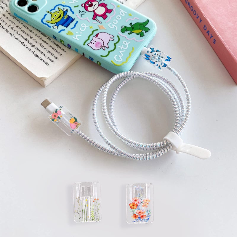 CameCosy Cute Floral Cable Protector for iPhone Charger Red Rose Wild Flower Bouquet Butterfly Cherry Blossoms Pattern 4 pcs Set Charging Cord Phone Saver - Image 2