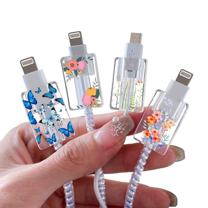 CameCosy Cute Floral Cable Protector for iPhone Charger Red Rose Wild Flower Bouquet Butterfly Cherry Blossoms Pattern 4 pcs Set Charging Cord Phone Saver - Image 1