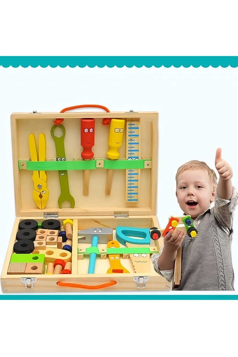 Kids Wooden Toolbox Toy, Simulation Repair & Disassembly Kit, Montessori Educational Pretend Play Set for Toddlers Boys Girls - Image 2