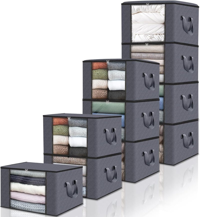 Fab totes Upgraded simple practical design 10 Pack Clothes Storage, Foldable Thick Fabric Blanket Storage Bags, Containers for Organizing Bedroom, Closet, Clothing, Comforter,Closet Organization with Handle,Grey Single & bulk use compatible - Image 1