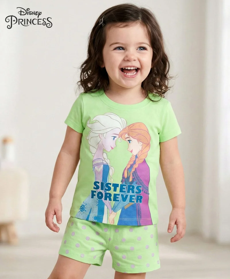 Babyhug Disney Babyhug Disney Single Jersey Knit Half Sleeves Short Night Suit With Disney Princess Else & Anna Graphics - Light Green