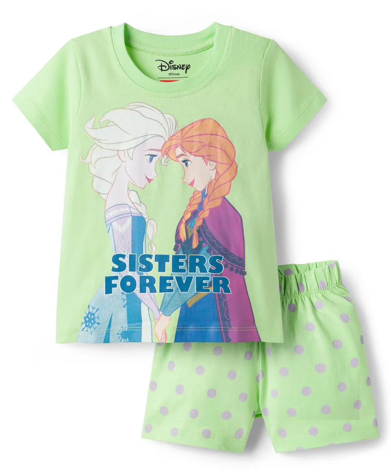 Babyhug Disney Babyhug Disney Single Jersey Knit Half Sleeves Short Night Suit With Disney Princess Else & Anna Graphics - Light Green