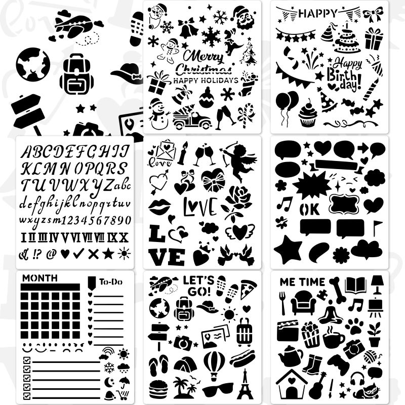 VIOXIA 8 Pack Scrapbook Stencils for Crafts Reusable, Scrapbooking Supplies with Letter Number Stencil for Scrapbooking Bullet Journaling Notebook Planner Accessories - Image 1