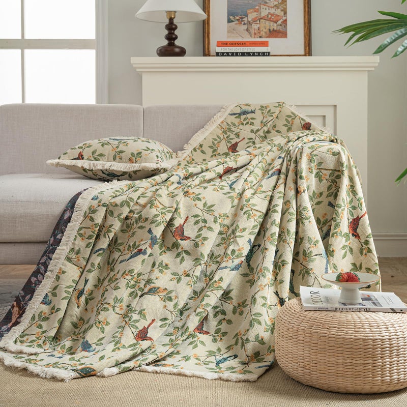 vctops Vintage Jacquard Sofa Covers for Sectional Sofa Bird Pattern Fringe Couch Cover for Dogs Loveseat Covers Futon Cover L Shaped Cover Washable Couch Protector (Beige Bird,71"x118") - Image 5