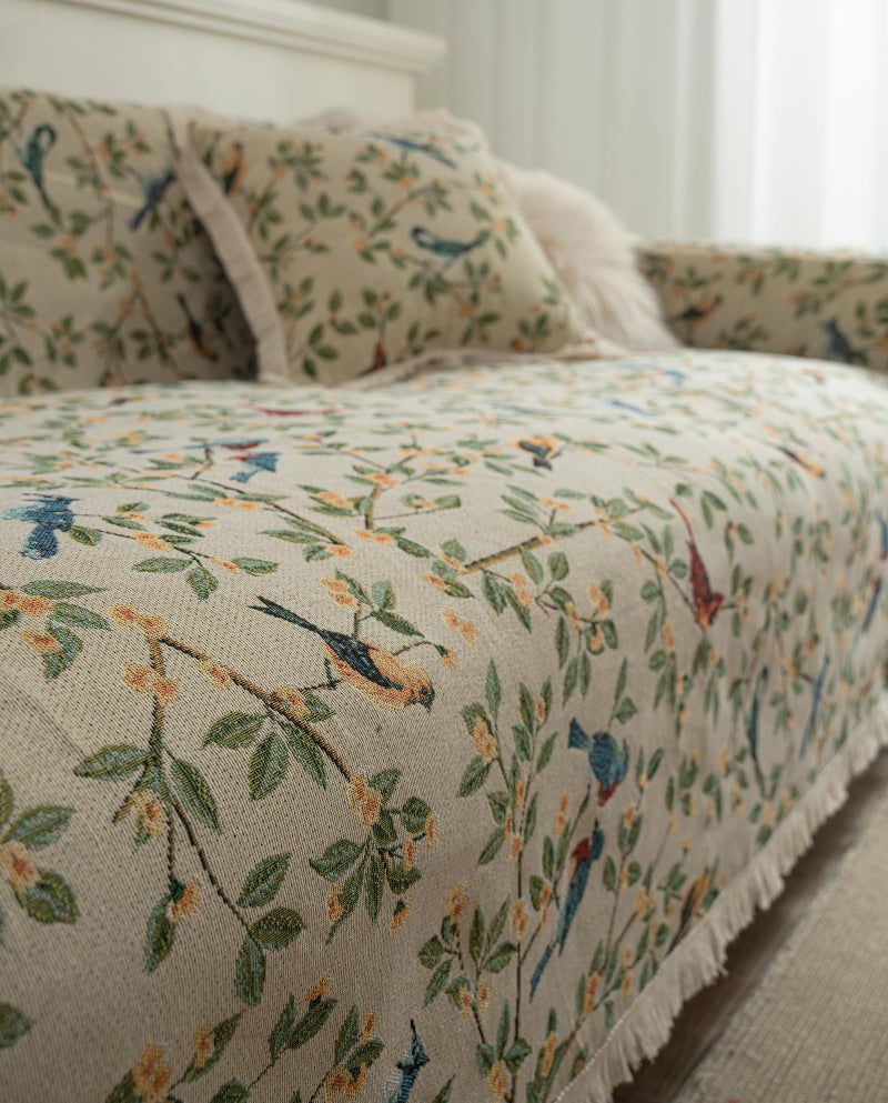 vctops Vintage Jacquard Sofa Covers for Sectional Sofa Bird Pattern Fringe Couch Cover for Dogs Loveseat Covers Futon Cover L Shaped Cover Washable Couch Protector (Beige Bird,71"x118") - Image 4