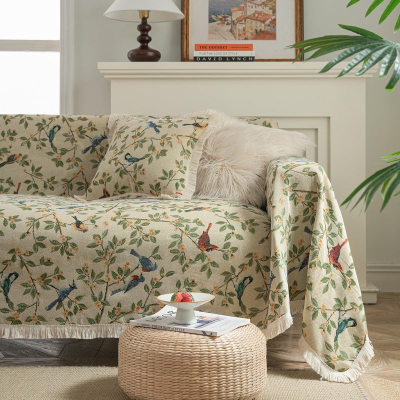 vctops Vintage Jacquard Sofa Covers for Sectional Sofa Bird Pattern Fringe Couch Cover for Dogs Loveseat Covers Futon Cover L Shaped Cover Washable Couch Protector (Beige Bird,71"x118") - Image 1