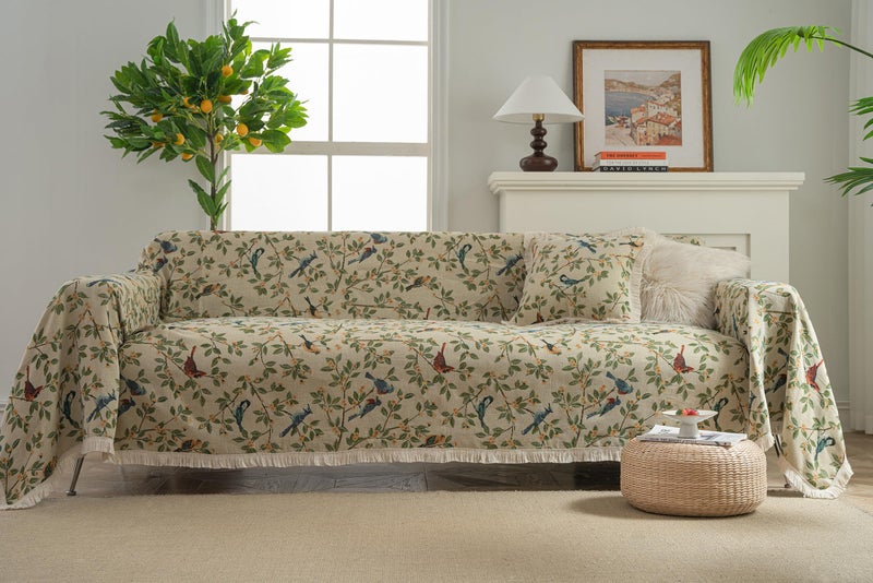 vctops Vintage Jacquard Sofa Covers for Sectional Sofa Bird Pattern Fringe Couch Cover for Dogs Loveseat Covers Futon Cover L Shaped Cover Washable Couch Protector (Beige Bird,71"x118") - Image 2