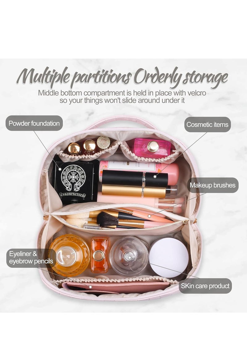 SYOSI Large Capacity Travel Cosmetic Bag  Makeup Bag PU Leather Waterproof Cosmetic Bag Women Portable Travel Makeup Bag With Handle and Divider Flat Lay Makeup Organizer Bag Z1-Pink - Image 4