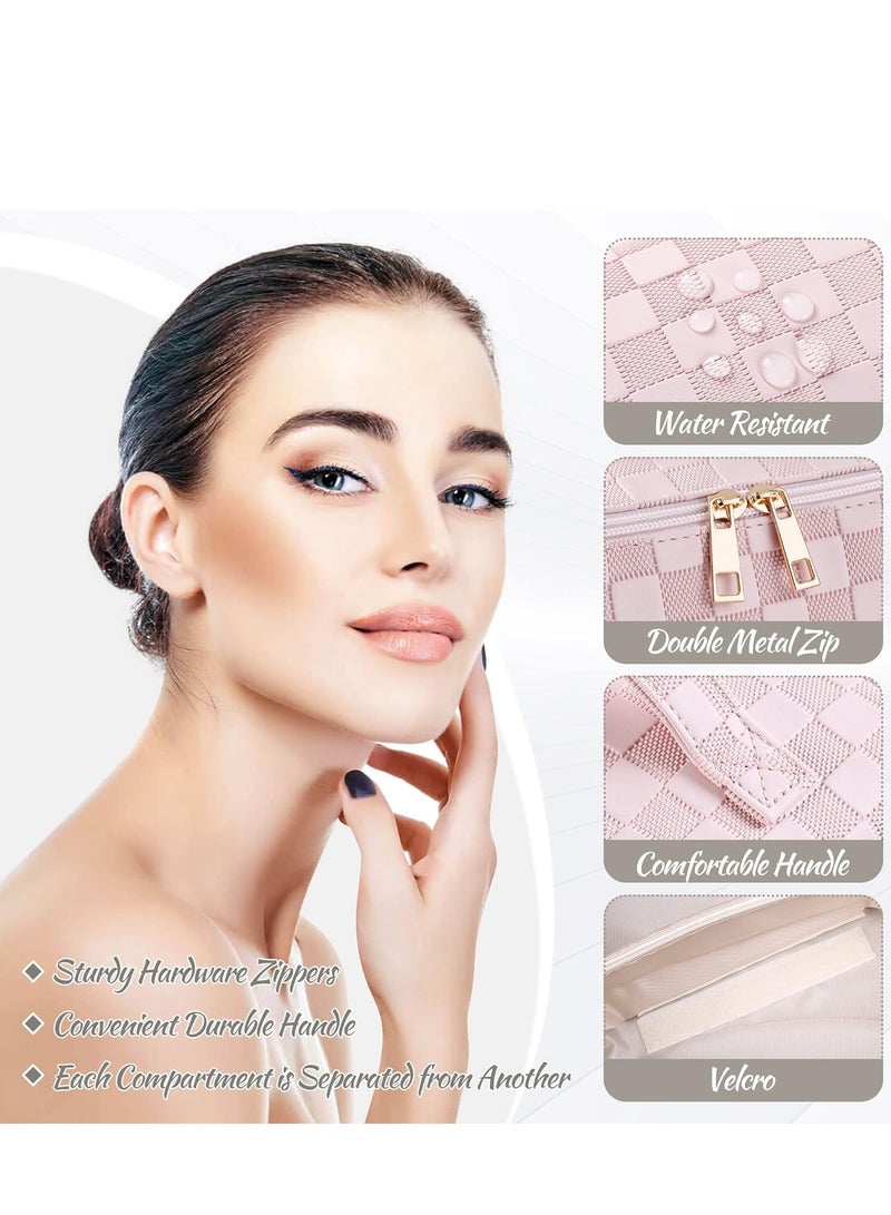 SYOSI Large Capacity Travel Cosmetic Bag  Makeup Bag PU Leather Waterproof Cosmetic Bag Women Portable Travel Makeup Bag With Handle and Divider Flat Lay Makeup Organizer Bag Z1-Pink - Image 3