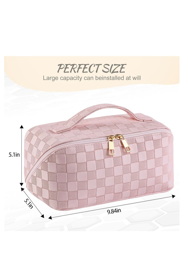 SYOSI Large Capacity Travel Cosmetic Bag  Makeup Bag PU Leather Waterproof Cosmetic Bag Women Portable Travel Makeup Bag With Handle and Divider Flat Lay Makeup Organizer Bag Z1-Pink - Image 5