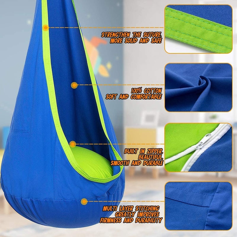 Y- STOP Kids Pod Swing Seat, Hanging Hammock Chair Swing with Inflatable Pillow, Sensory Swing Chair with Pocket for Outdoor and Indoor (Blue and Green) - Image 3