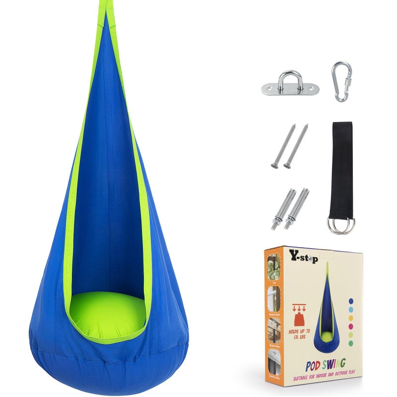 Y- STOP Kids Pod Swing Seat, Hanging Hammock Chair Swing with Inflatable Pillow, Sensory Swing Chair with Pocket for Outdoor and Indoor (Blue and Green) - Image 1