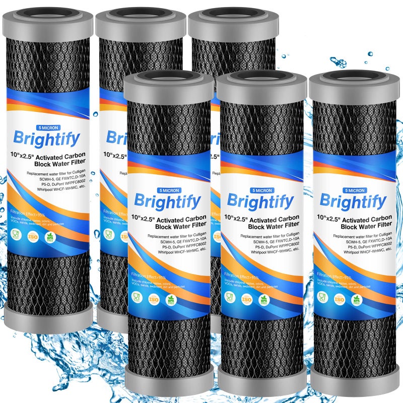 Brightify 10x25 5 Micron Carbon Water Filter Whole House Carbon CTO Water Filter Cartridge Replacement Fits Culligan D10A P5D DuPont WFPFC8002 SCWH5 GE FXWTC Whirlpool WHCFWHWC 6 Pack