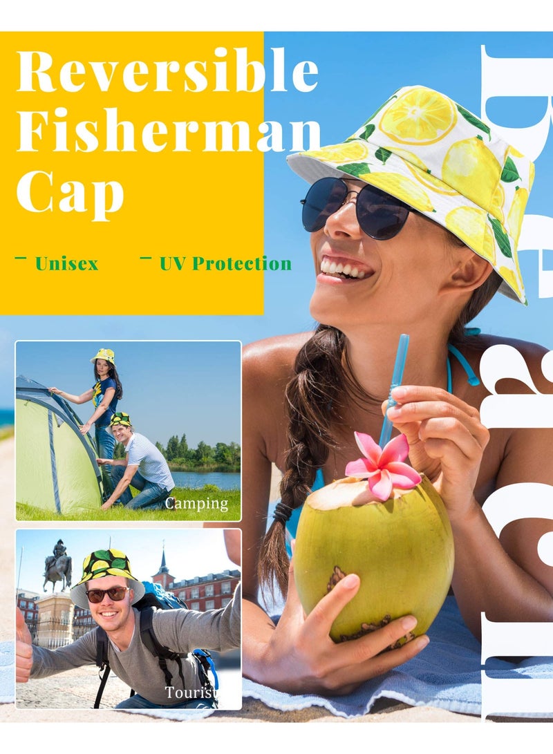 SUNSAR 2 Pieces Unisex Lemon Pattern Hats Reversible Fisherman Cap for Women Men Summer Travel Beach Sun Hat Outdoor Cap Unisex Bucket Hats - Image 4