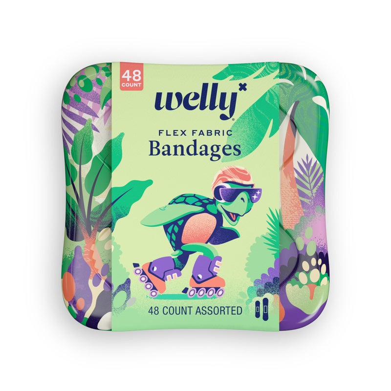 Welly Bandages | Adhesive Flexible Fabric Bravery Badges | Assorted Shapes for Minor Cuts, Scrapes, and Wounds | Colorful and Fun First Aid Tin | Turtle Oasis Patterns - 48 Count - Image 1