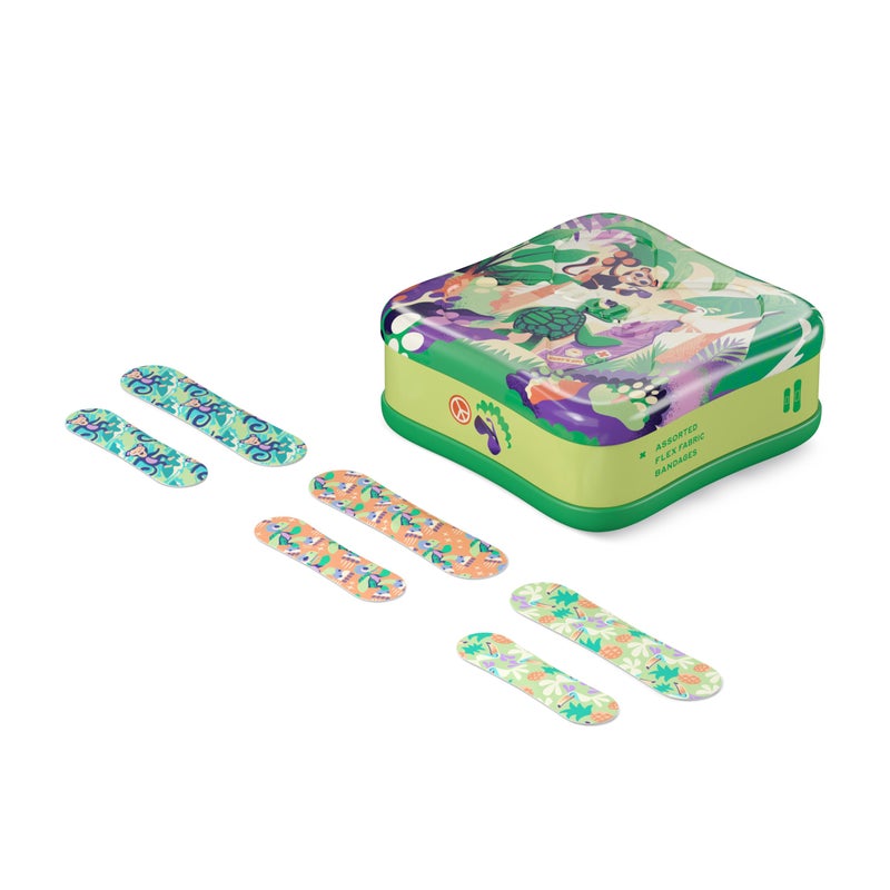Welly Bandages | Adhesive Flexible Fabric Bravery Badges | Assorted Shapes for Minor Cuts, Scrapes, and Wounds | Colorful and Fun First Aid Tin | Turtle Oasis Patterns - 48 Count - Image 4
