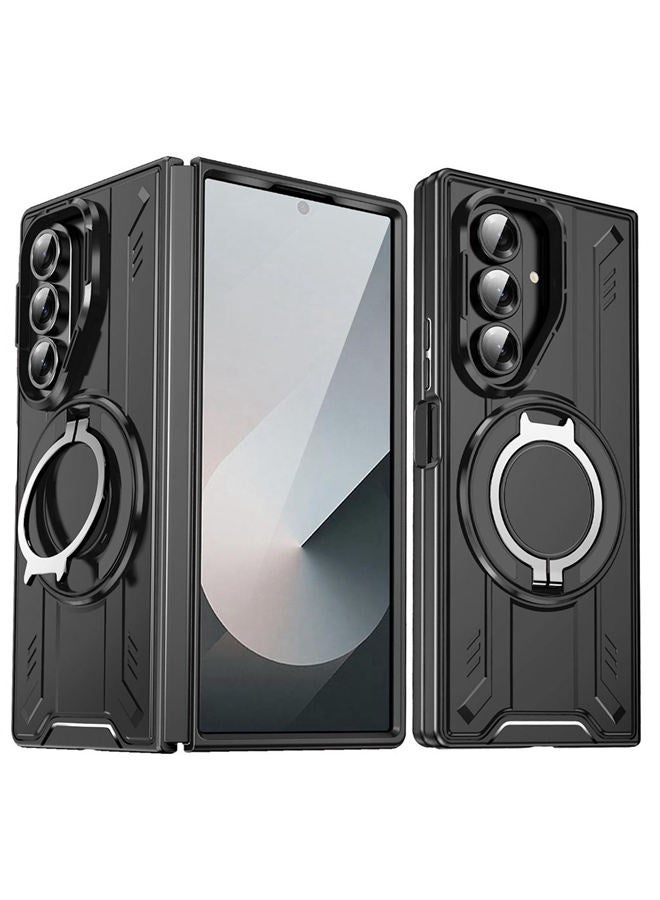 حافظة سامسونج Z Fold 7، حافظة هاتف دائرية ， حماية عدسة الكاميرا المرتفعة ， غطاء صلب من الدرجة العسكرية ， غطاء هاتف سامسونج Z Fold 7 من الموضة الممتازة المقاوم للصدمات ， أسود - Image 1