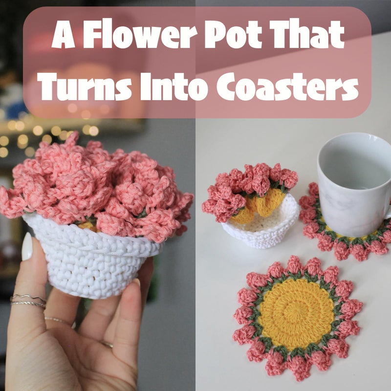 Agromusk Cute Coasters Set of 4,Funny Pink Flower Coasters,Crochet Plant Pot Coaster Set for Drinks with Flowerpot Holder,Fun Soft Decorative Coasters Housewarming for New Home Bar Desk - Image 2